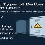 Informational graphic titled 'What Type of Batteries Do We Use?' with the acronym SCOPE listed as Safety, Cost, Operating conditions, Performance, and Ecosystem, alongside illustrated battery storage units.