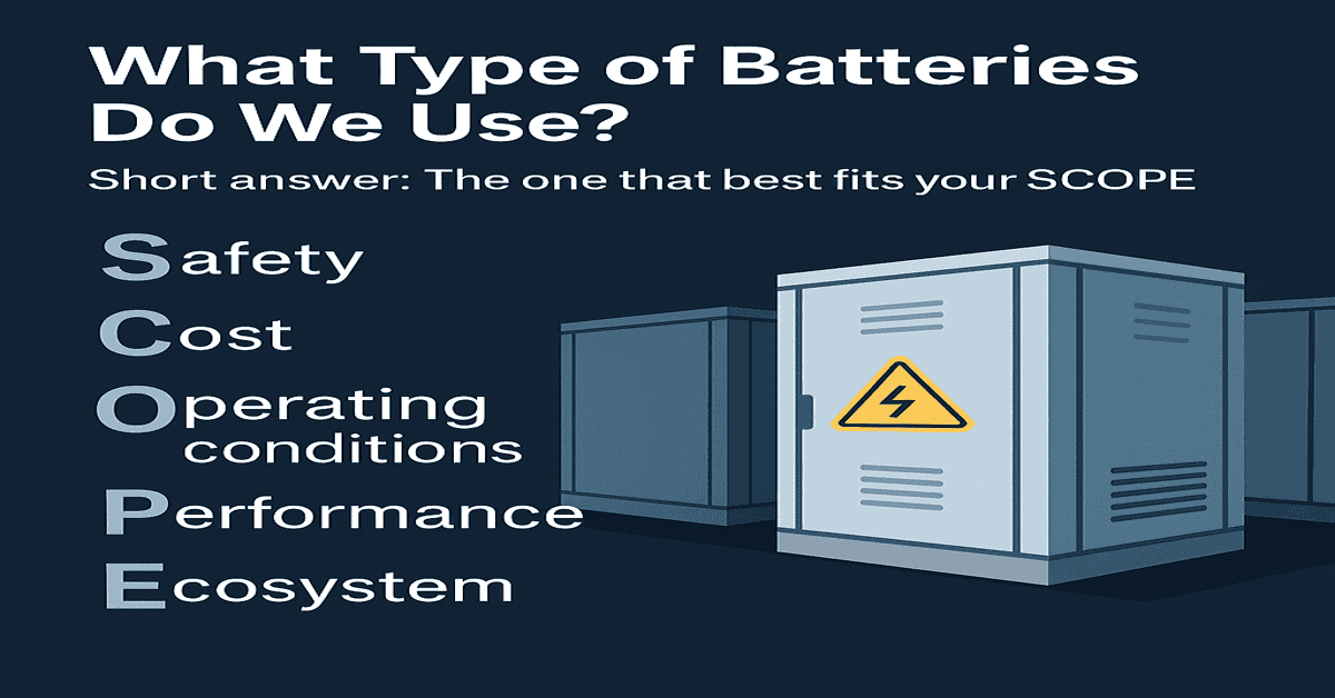 Informational graphic titled 'What Type of Batteries Do We Use?' with the acronym SCOPE listed as Safety, Cost, Operating conditions, Performance, and Ecosystem, alongside illustrated battery storage units.